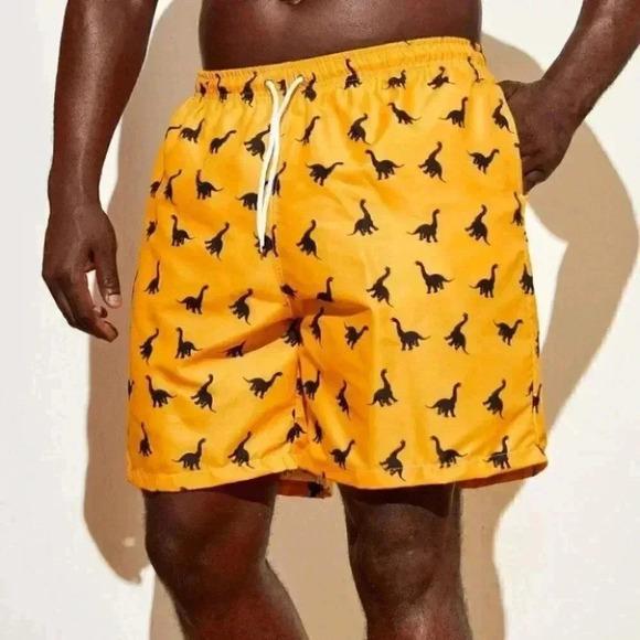 Yellow Vacation Style Men's Dinosaur Print Swim Trunks - Picture 4 of 5